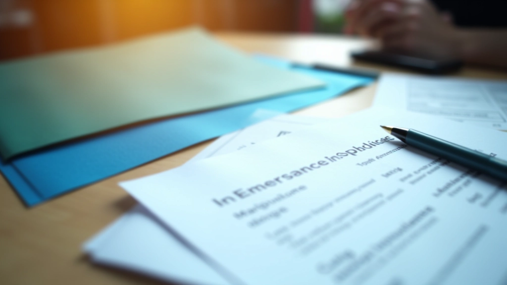 Versicherungspolicen und Sparplan-Dokumente mit Stift auf Schreibtisch, blauer und grüner Ordner, Nahaufnahme von oben