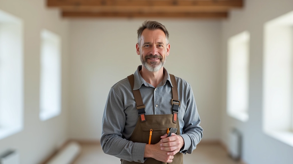 Handwerker mit Werkzeugen bei Renovierungsarbeiten an einer Wohnungswand