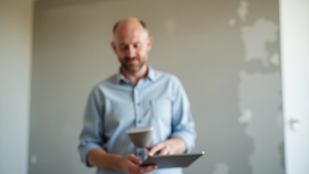 Mann mit Tablet steht vor einer renovierten Wand in seinem Haus
