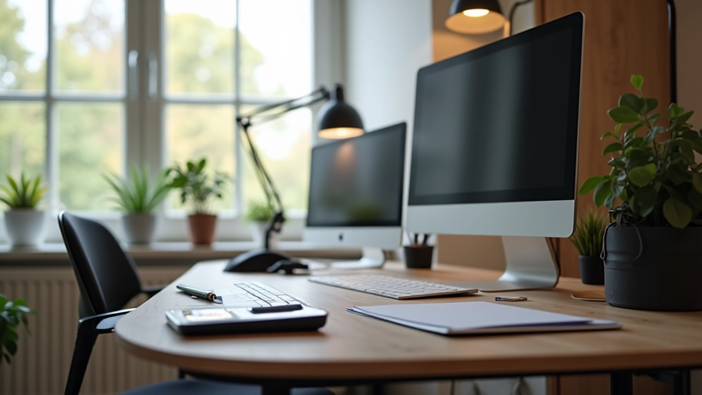 Moderne Homeoffice-Einrichtung mit Schreibtisch, Monitor und ergonomischem Stuhl, professionelles Arbeitsumfeld