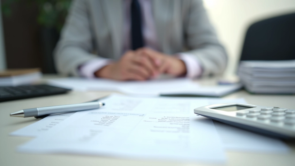 Schreibtisch mit Stapel von Rechnungen, Stift und Taschenrechner, geordnete Arbeitsablage