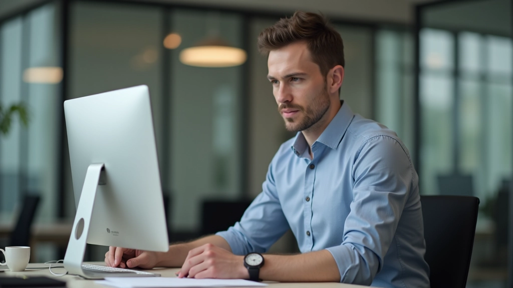 Person sitzt vor Computer mit ELSTER-Portal auf dem Bildschirm, konzentrierter Blick, Büro-Umgebung