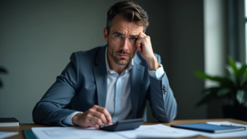 Frustierte Person sitzt am Schreibtisch mit Papieren und Taschenrechner, konzentriertes Nachdenken