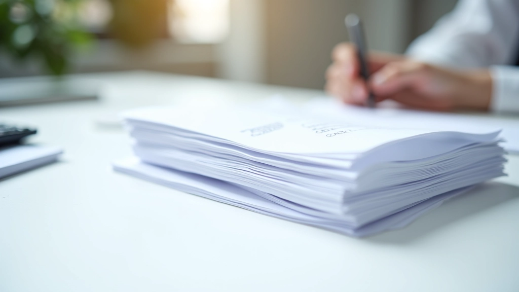 Stapel von Rechnungen und Belegen mit Stift und Notizbuch