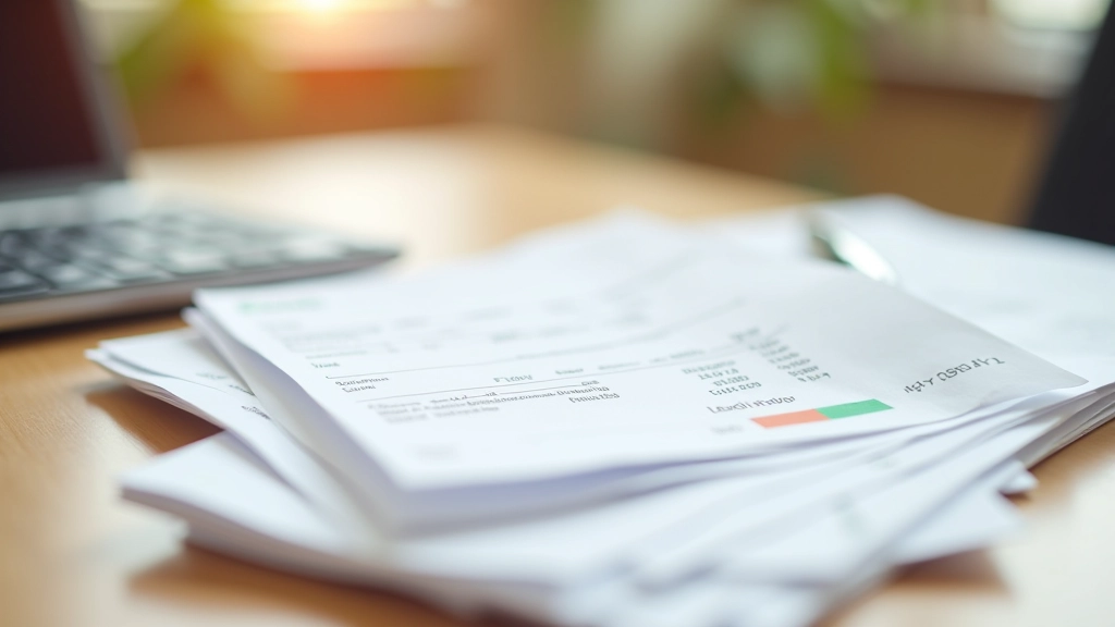 Stapel von Quittungen und Rechnungen neben einem Taschenrechner und Notizblock auf dem Schreibtisch