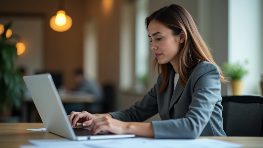 Frau in Bürokleidung arbeitet konzentriert am Laptop mit Steuerdokumenten, professionelle Atmosphäre