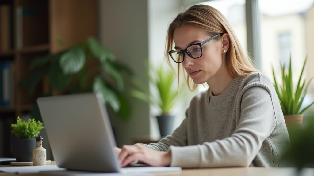 Frau mit Brille schaut konzentriert auf Laptop-Bildschirm, Homeoffice