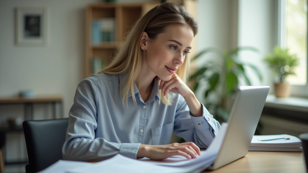 Frau in Homeoffice, sitzt am Schreibtisch mit Notebook und Ordnern, konzentriertes Arbeiten