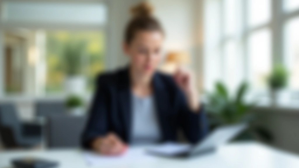 Frau mittleren Alters sitzt am Schreibtisch mit Dokumenten und Taschenrechner, konzentrierter Blick, helles Büro mit Fenster im Hintergrund