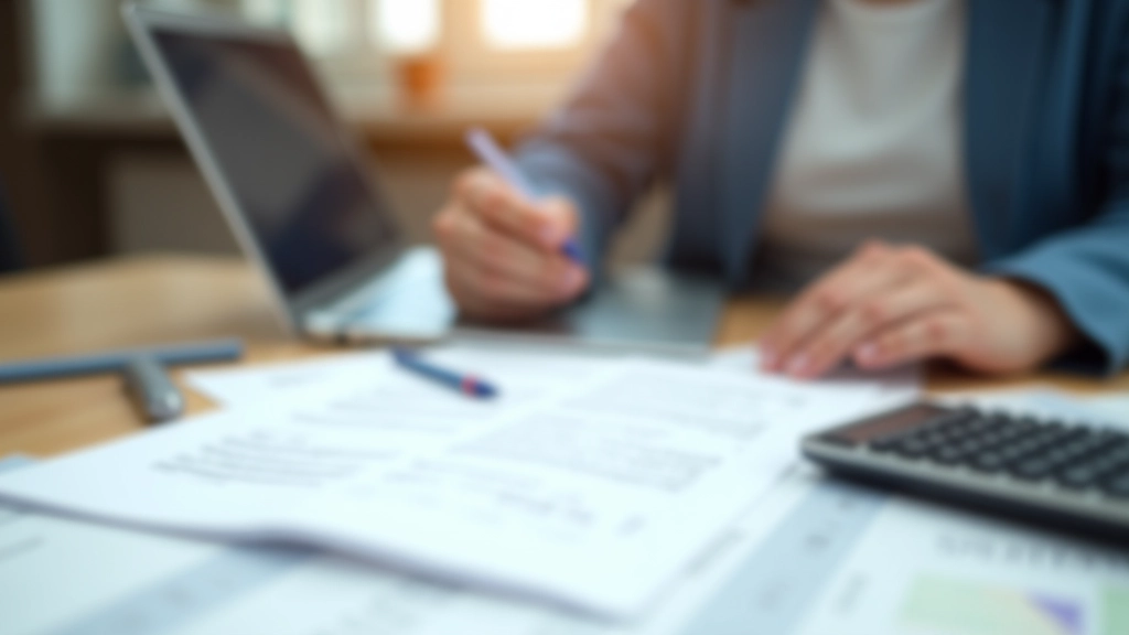 Schreibtisch mit Laptop, Taschenrechner und Steuerdokumenten, Homeoffice-Setting