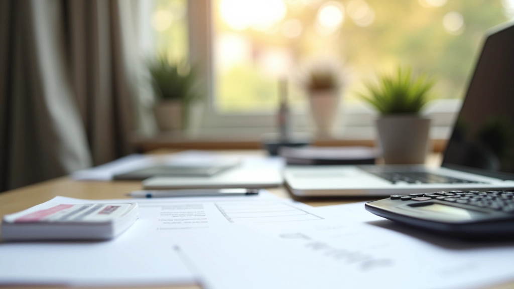 Schreibtisch mit Laptop, Taschenrechner und Steuerdokumenten, professionelles Homeoffice-Setting
